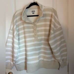 American Eagle AE Aerie Beige and White Striped Henley Sweatshirt